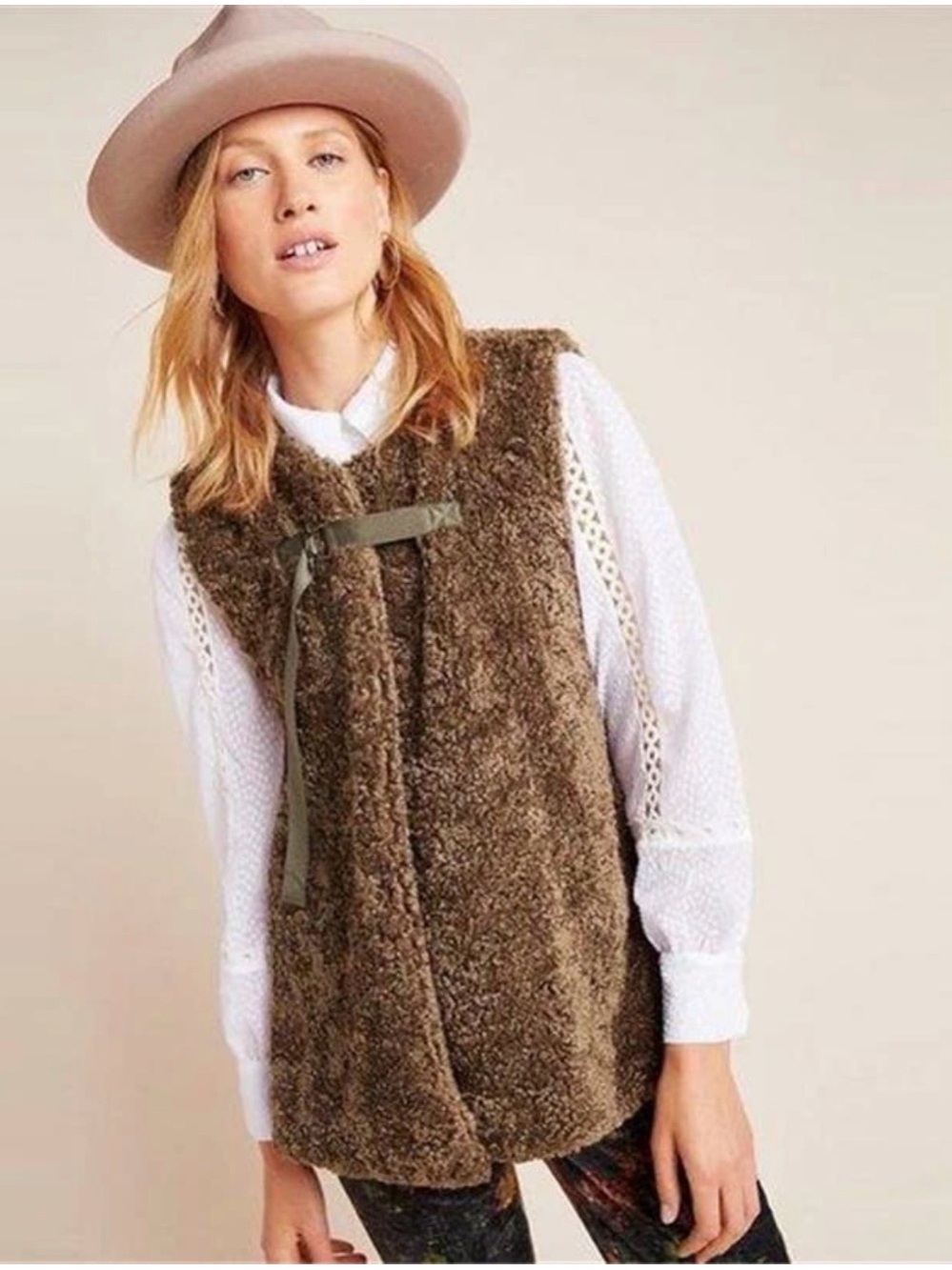 Akemi + Kin Anthropologie Women’s Olive Sherpa Vest Cozy Layering